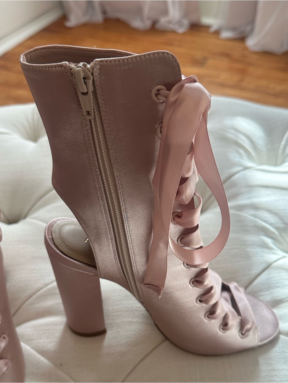 Aldo Blush Satin Lace-Up Block Heel Ankle Sandal